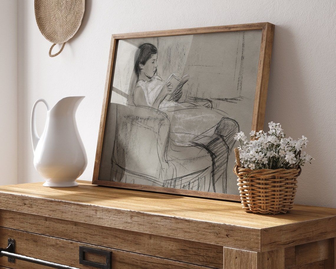 Girl Reading Book Charcoal Sketch Vintage Reader Study Art Print - Image 2