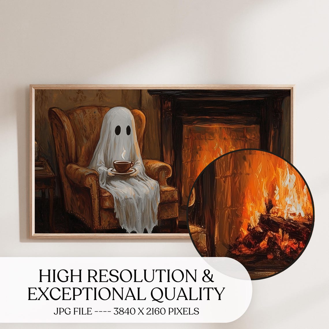 Cozy Ghost Sipping Tea by Fireplace Whimsical Halloween Art Poster - Image 4
