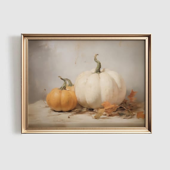 White Pumpkin with Orange Pumpkins Autumn Still Life Oil Poster
