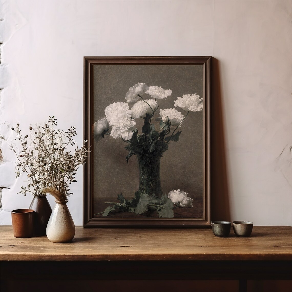 White Peonies in Glass Vase Dark Still Life Floral Oil Poster - Image 5