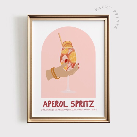 Aperol Spritz Cocktail Recipe Retro Bar Cart Mid Century Poster