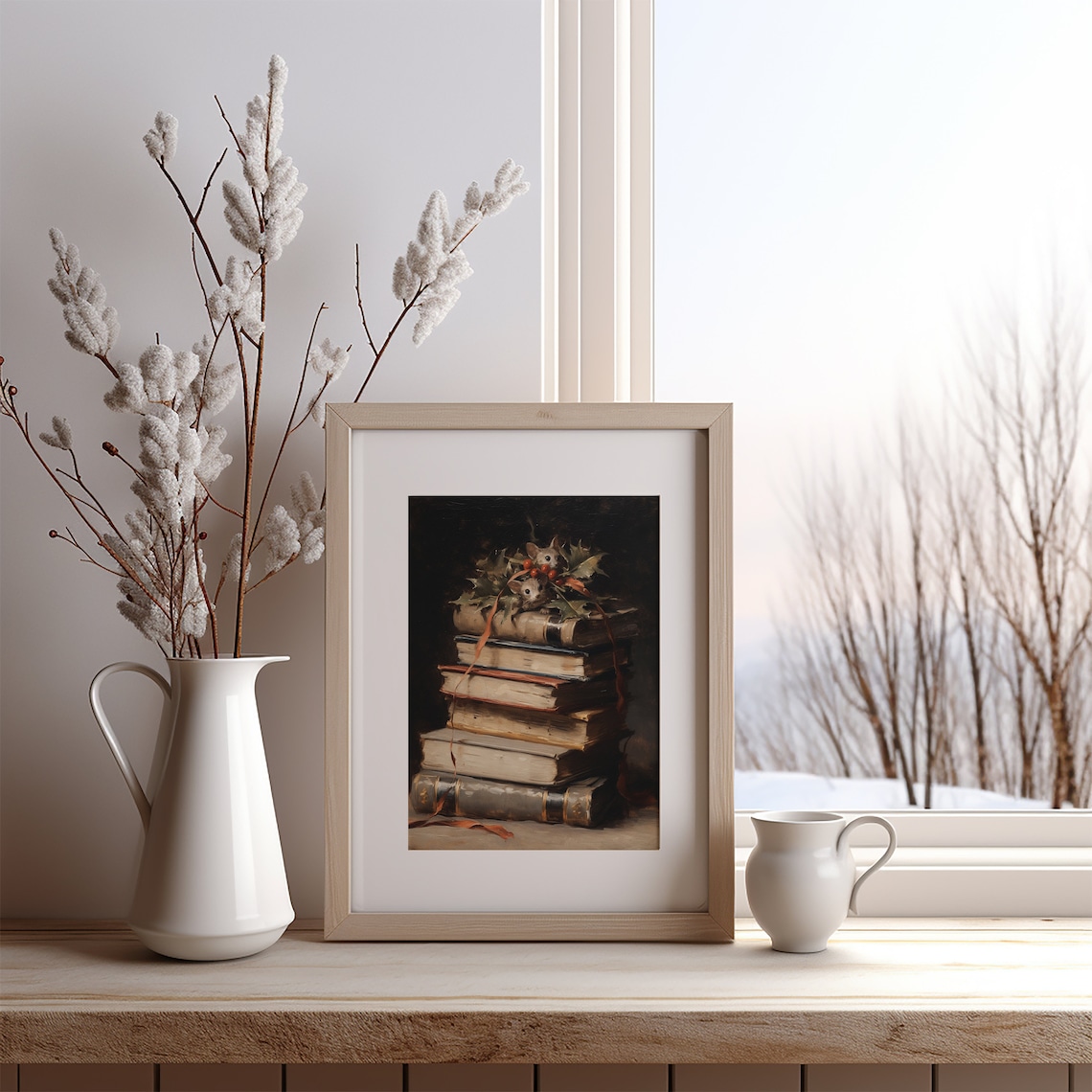 Vintage Christmas Still Life Art Print, Rustic Winter