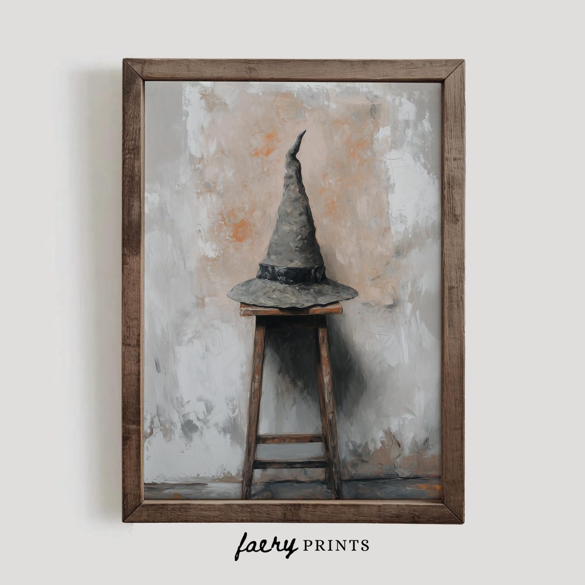 Witch Hat Resting on Wooden Stool Muted Vintage Halloween Art Poster - Image 2