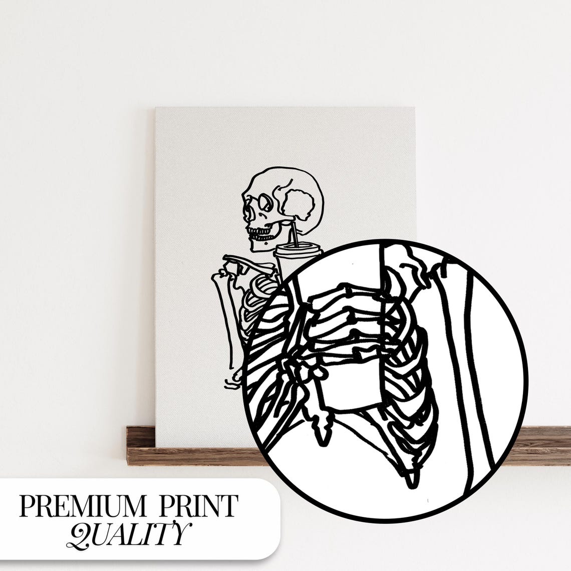 Skeleton Drinking Coffee with Straw Funny Halloween Line Art Poster - Image 4