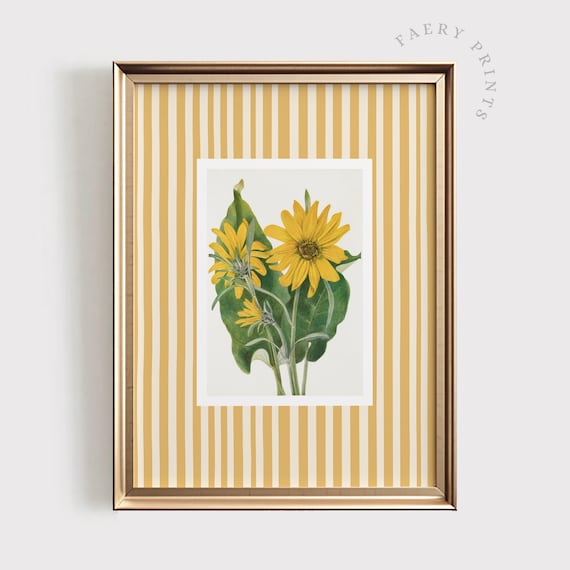 Sunflower Floral Stripe Print Pastel Yellow Wall Art Soft Nursery Decor Elegant Botanical Flower 1216