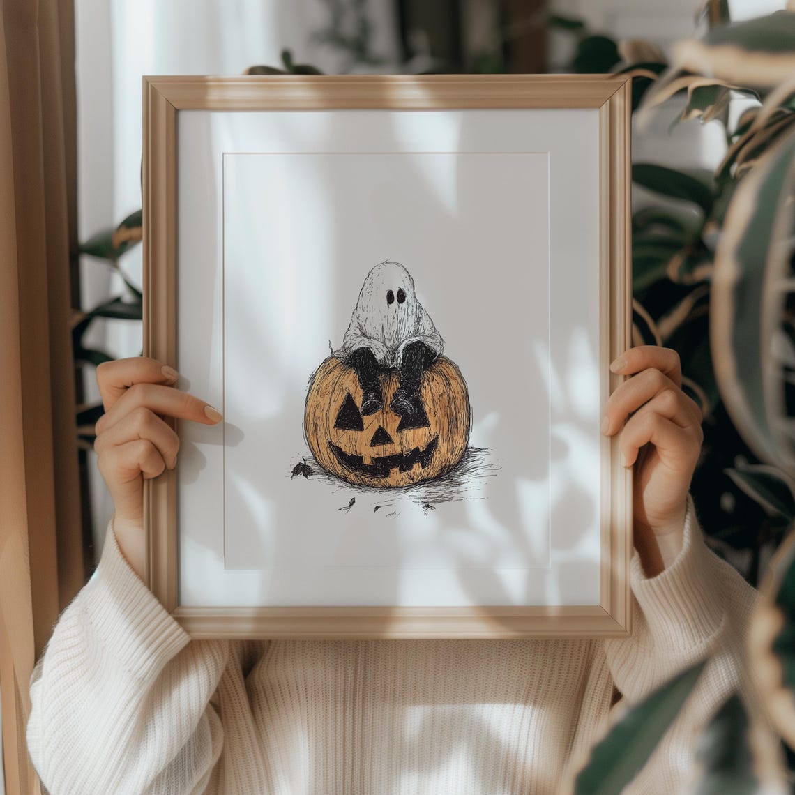 Ghost Sitting On Pumpkin Print Halloween Wall Art Cute Ghost Illustration Minimalist Spooky Decor 973 - Image 3