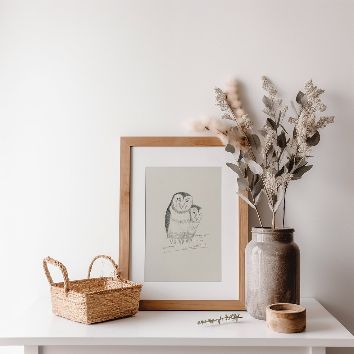 Two Perched Owls Pen and Ink Sketch Minimalist Bird Art Poster - Image 4