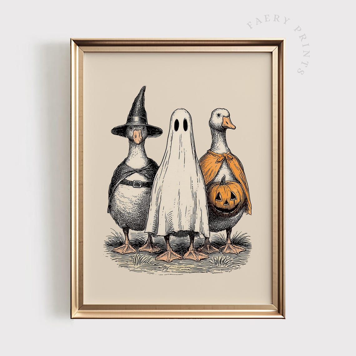 Halloween Geese Trio Witch Ghost Pumpkin Vintage Costume Poster