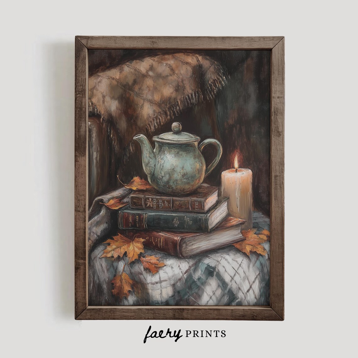 Vintage Teapot on Stack of Old Books with Candle Autumn Still Life Poster - Image 3