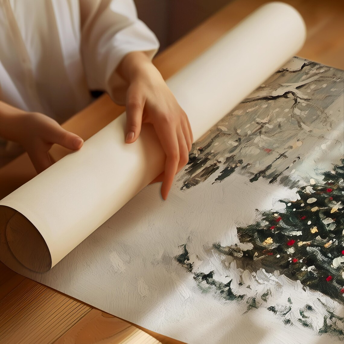 Snowy City Christmas Tree Plaza Vintage Winter Scene Art Poster - Image 3