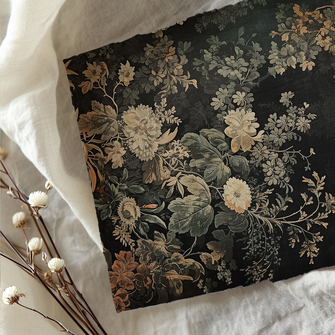 Dark Floral Tapestry Vintage Textile Art Print - Image 3