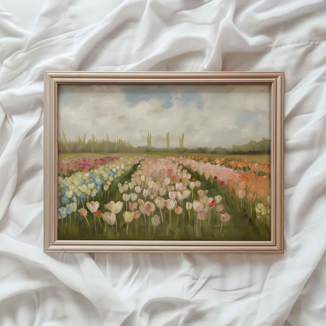 Tulip Field Spring Art Print, Pastel Meadow Landscape