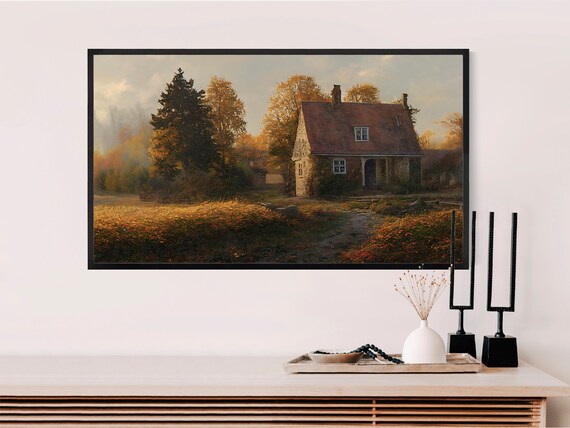 Golden Autumn Country Cottage Landscape Fall Frame TV Art Poster
