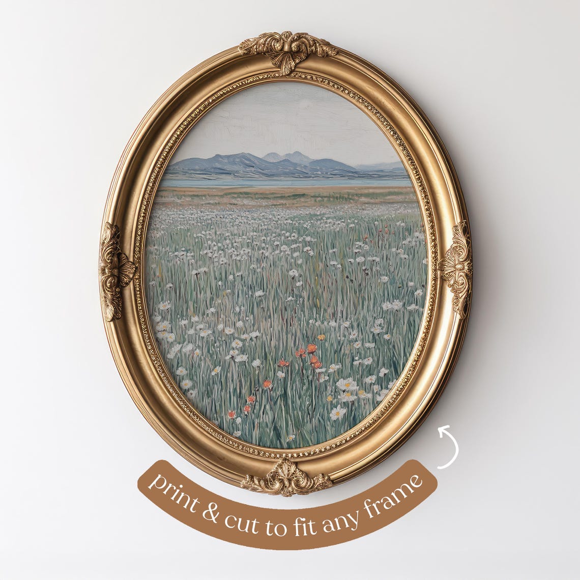Wildflower Meadow With Daisies Poppies and Distant Mountains Poster - Image 3