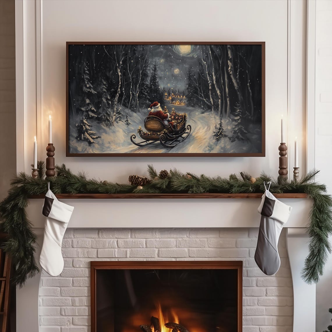Santa Claus Sleigh Ride Through Snowy Night Forest Frame TV Poster - Image 5