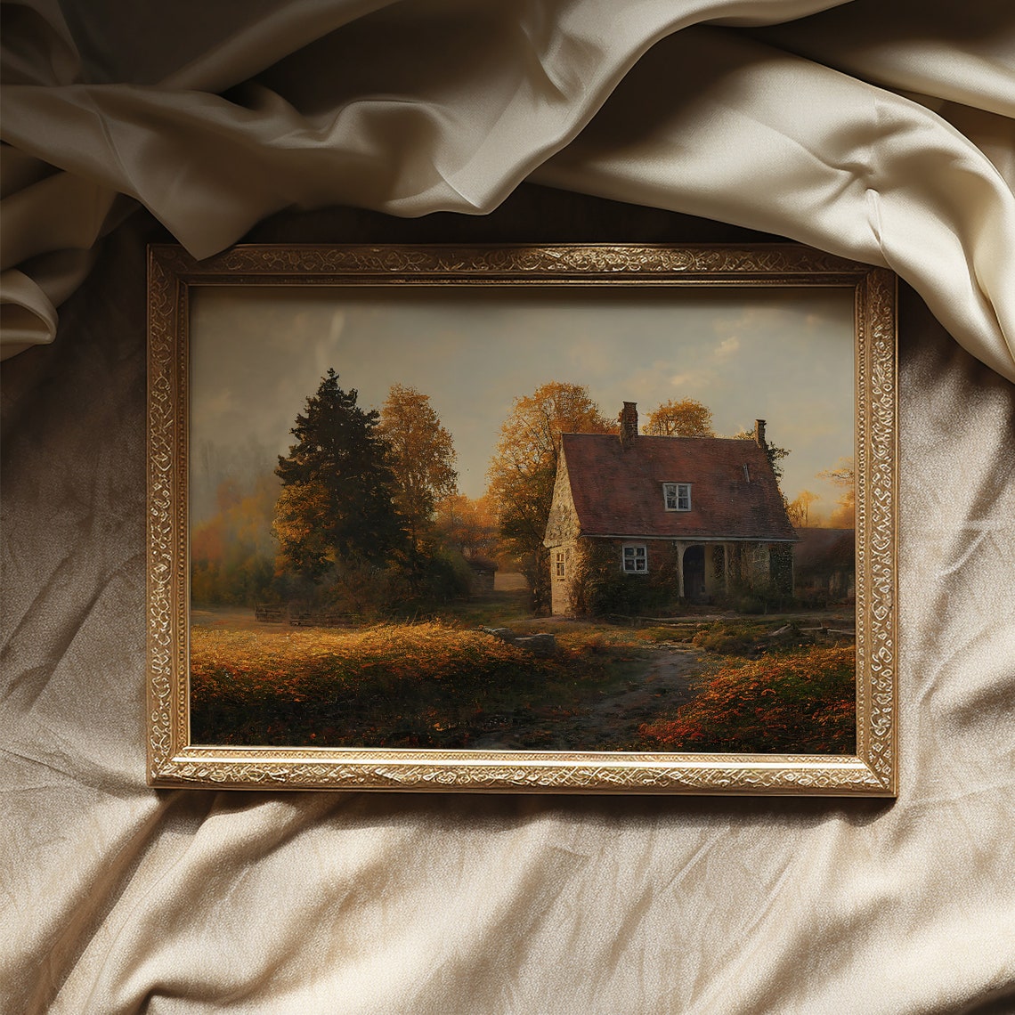 Rustic Cottage Among Autumn Trees Golden Evening Landscape Poster - Image 4