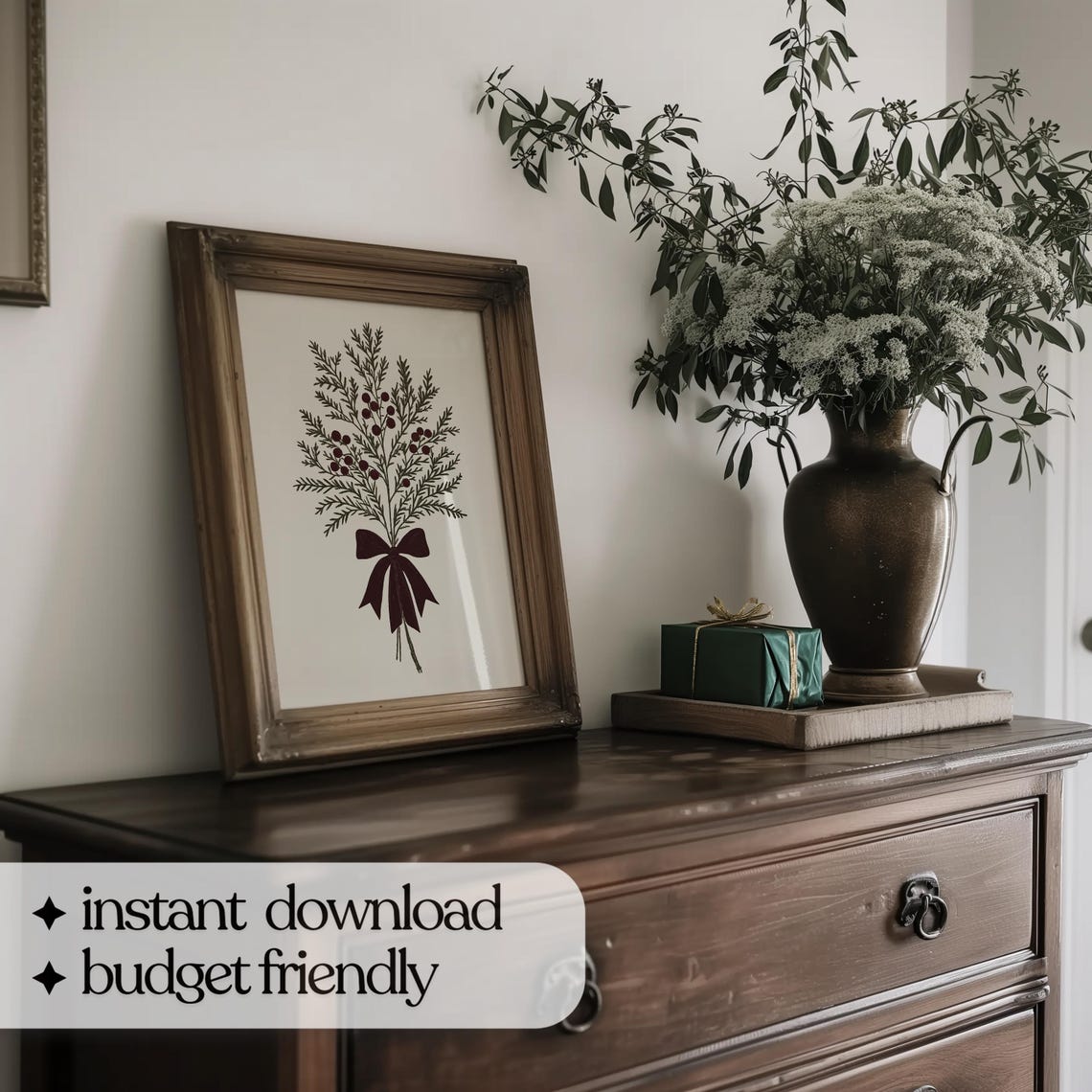 Evergreen Branches With Red Berries Tied With Burgundy Bow Poster - Image 4