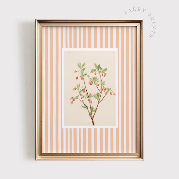 Peach Orange Vintage Botanical Flower Poster on a Striped Background