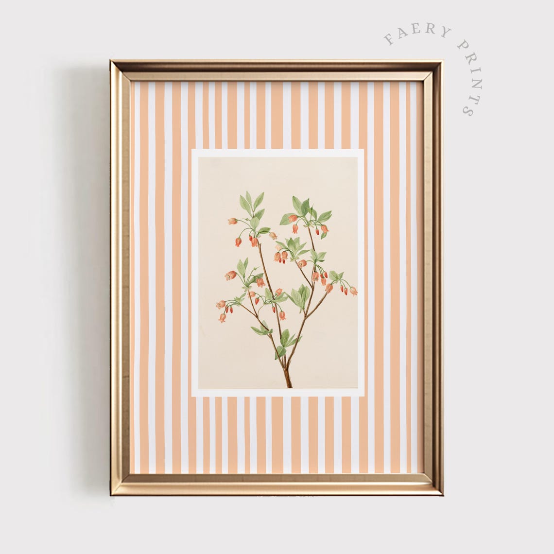 Peach Orange Vintage Botanical Flower Poster on a Striped Background