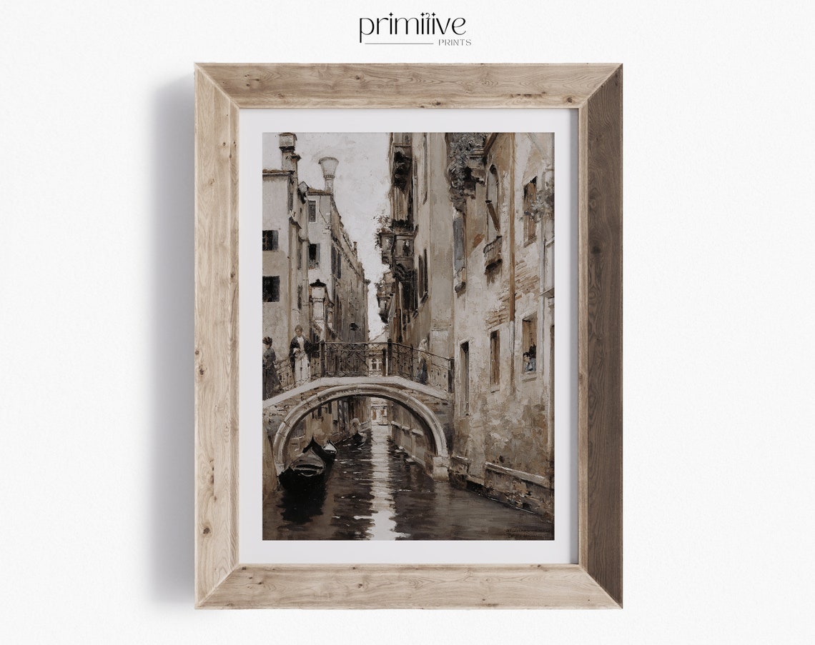 Old Venice Narrow Canal Stone Bridge Sepia Oil Painting Poster - Image 4