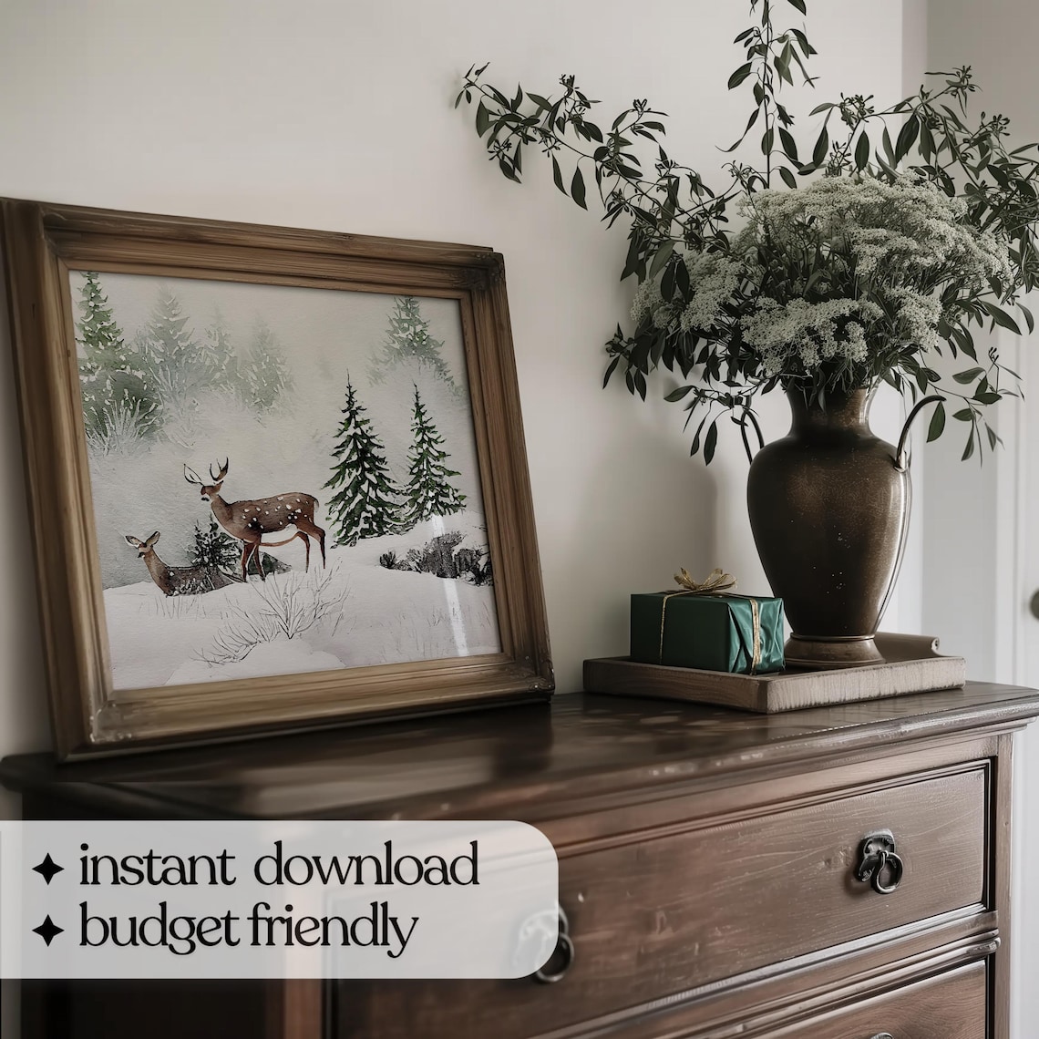 Watercolor Christmas Deer In Forest Art Print - Image 5