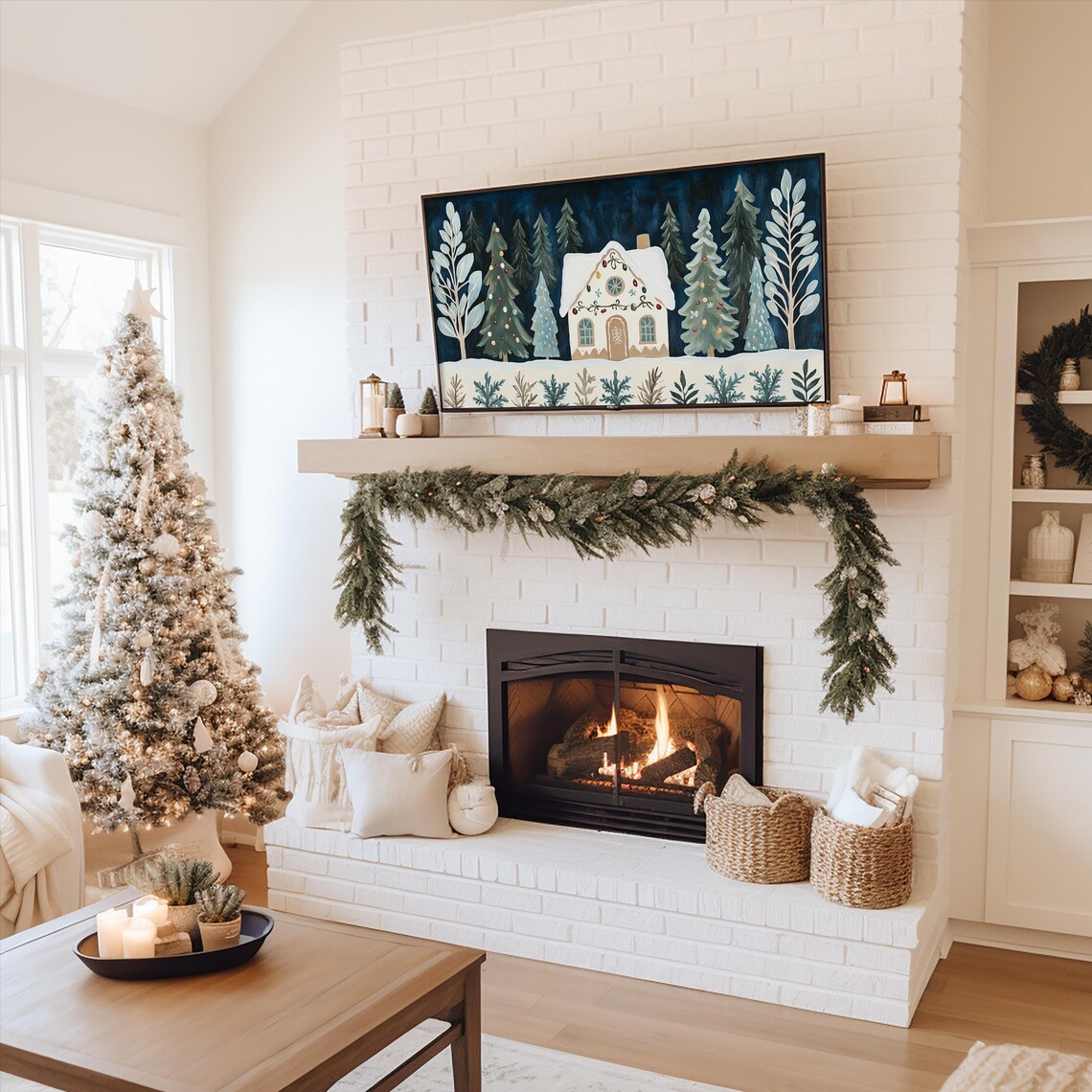 Whimsical Snowy Christmas Cottage Among Pines Frame TV Art Poster - Image 2