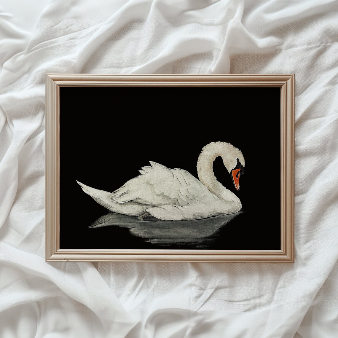 White Swan Painting, Dark Vintage Wall Art Print