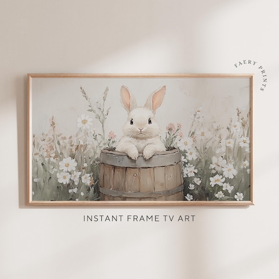 White Bunny In Wooden Barrel Frame TV Art Vintage Rabbit Painting Poster