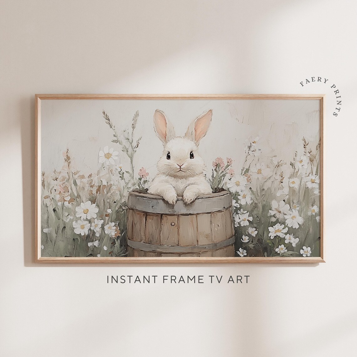 White Bunny In Wooden Barrel Frame TV Art Vintage Rabbit Painting Poster