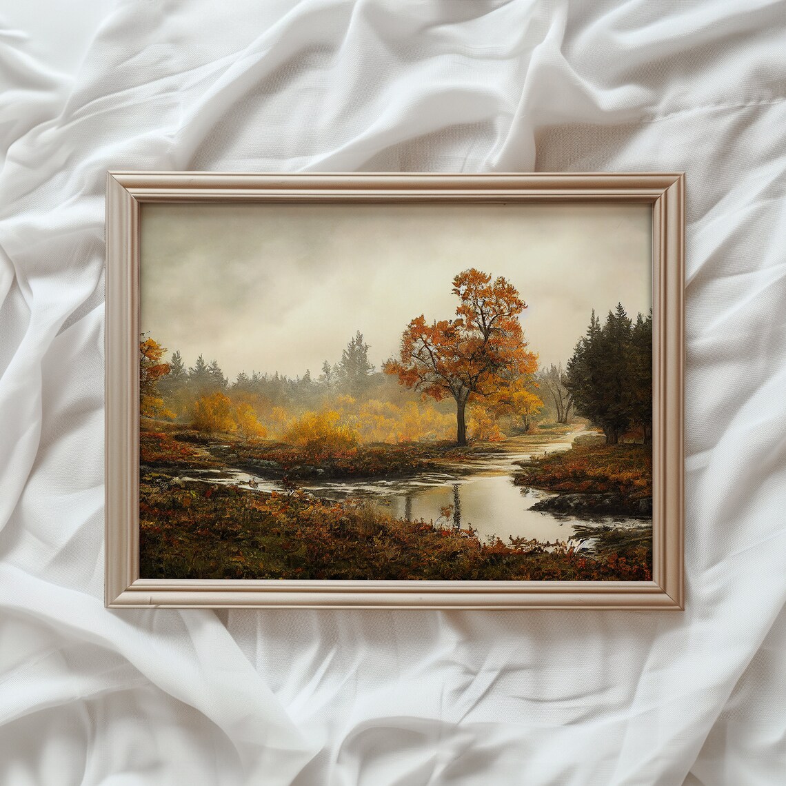 Rustic Fall Landscape Art Print, Vintage Autumn Scene