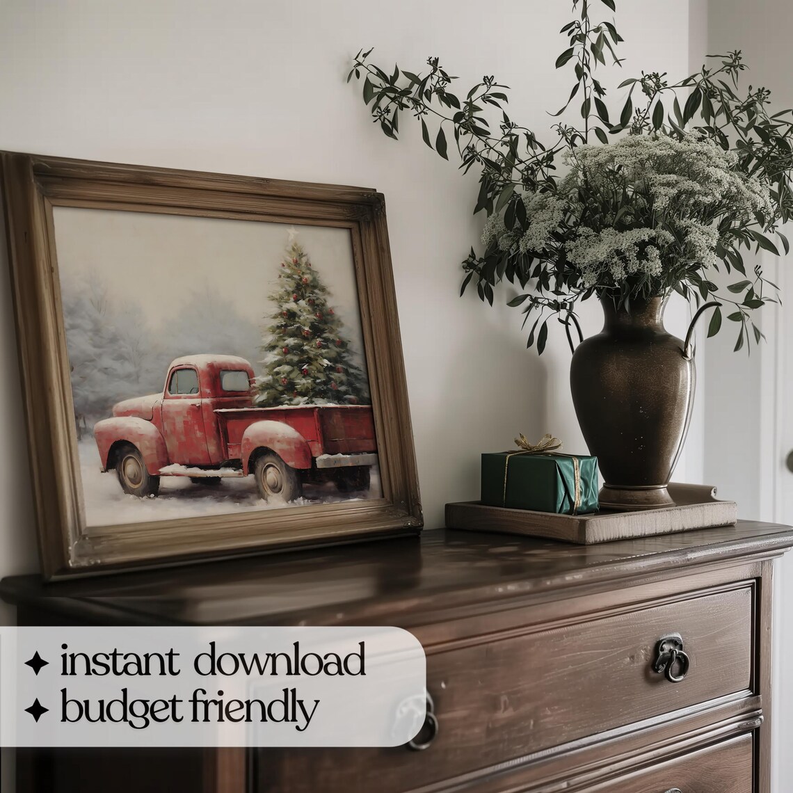 Farmhouse Christmas Red Pickup Truck Art Print - Image 5