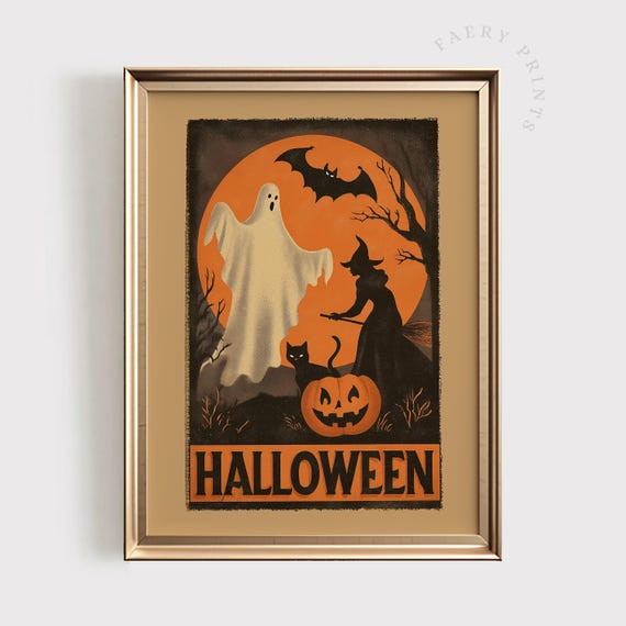 Vintage Halloween Witch Pumpkin Black Cat Poster