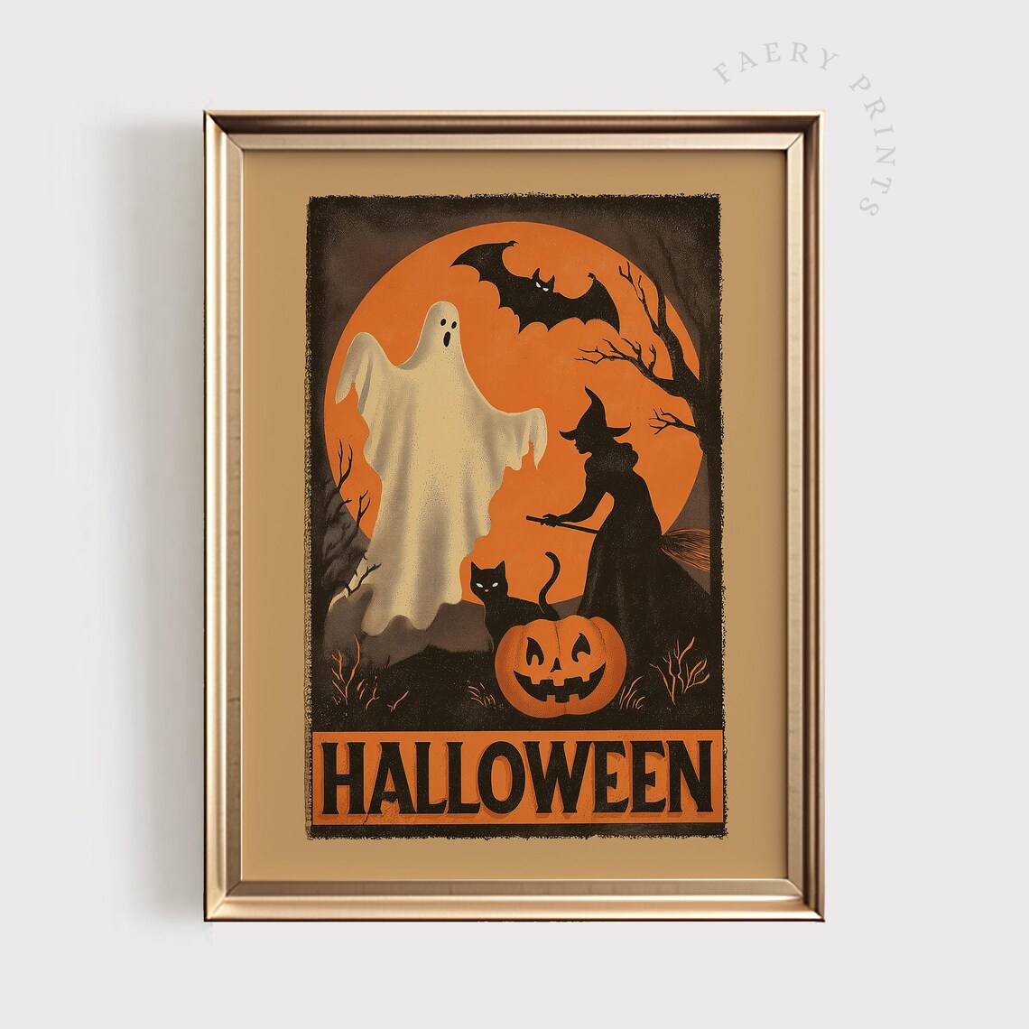 Vintage Halloween Witch Pumpkin Black Cat Poster