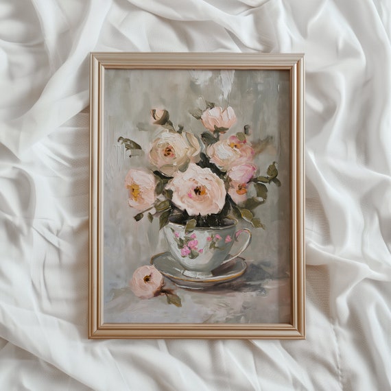 Flowers in a Teacup, Light Academia Art Print