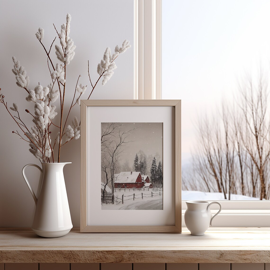 Winter Farmhouse Holiday Art Print, Vintage Red Barn - Image 2