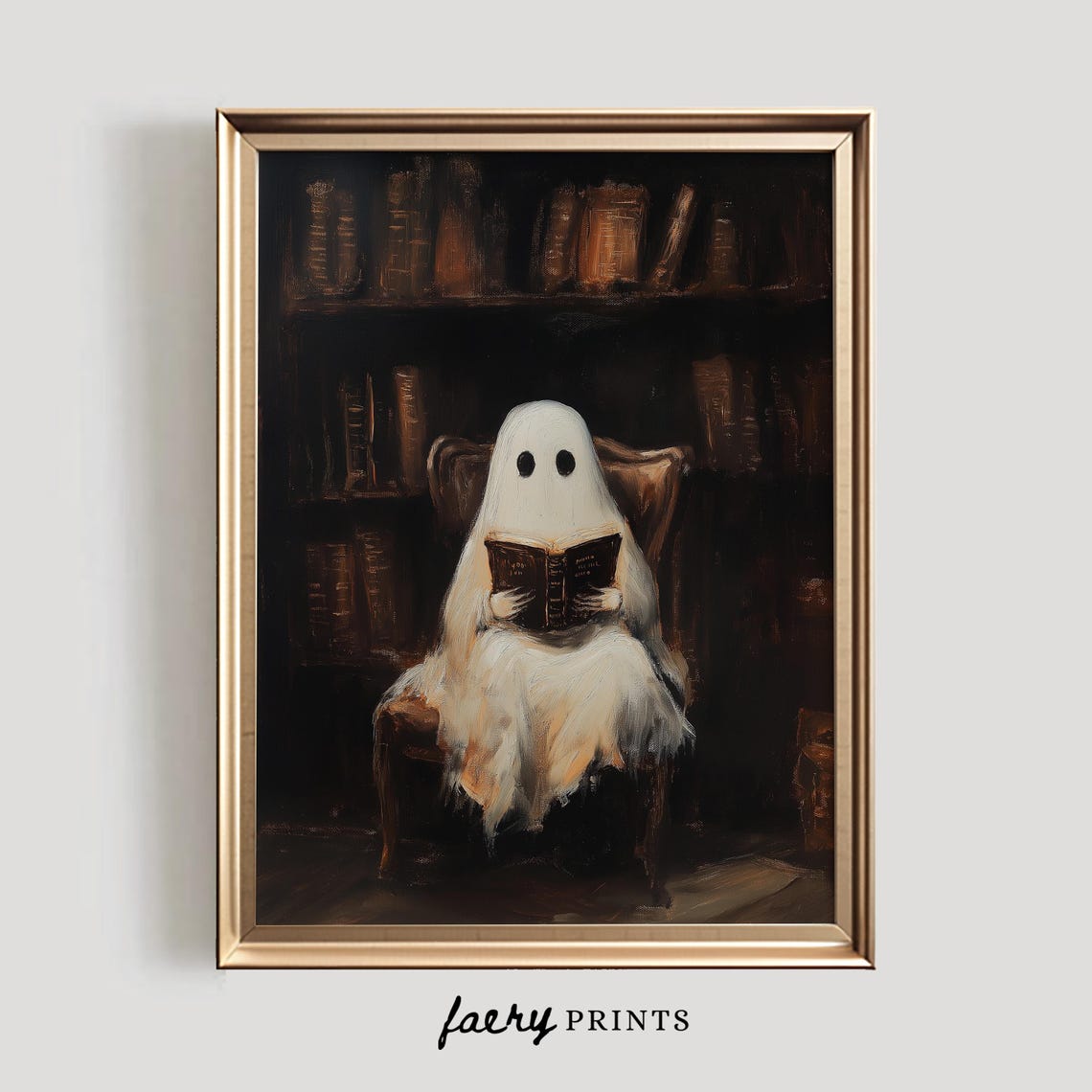 Ghost Reading in Dark Library Vintage Halloween Book Lover Poster