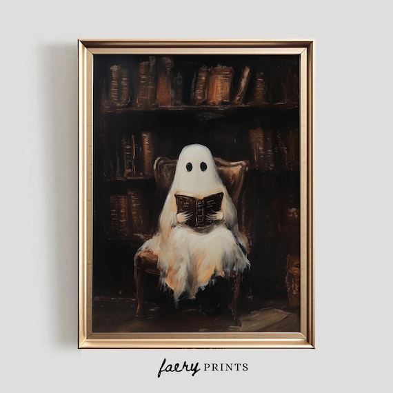 Ghost Reading in Dark Library Vintage Halloween Book Lover Poster