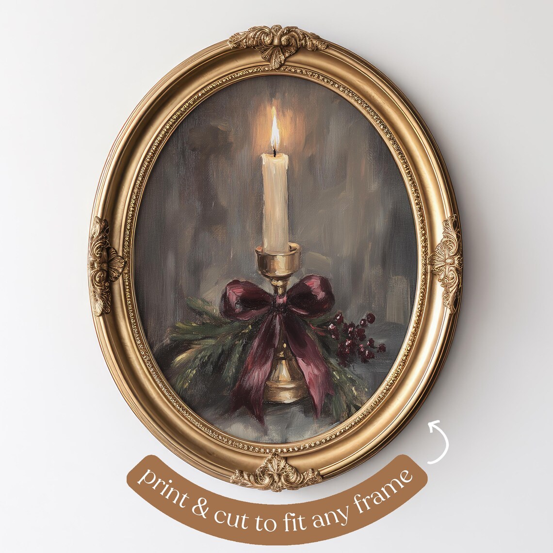 Vintage Christmas Candle Art Print, Rustic Holiday Decor - Image 3