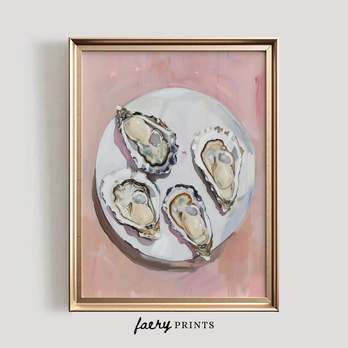 Oysters Art Print, Pink Pastel Coastal Kitchen Decor