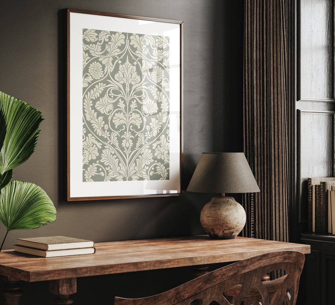 Sage Green Cream Damask Botanical Pattern Decorative Art Poster - Image 3