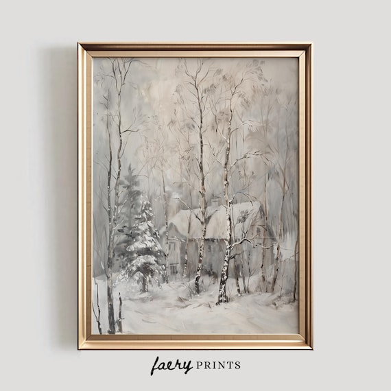 Snowy Birch Trees with Hidden Cabin Winter Forest Painting Poster