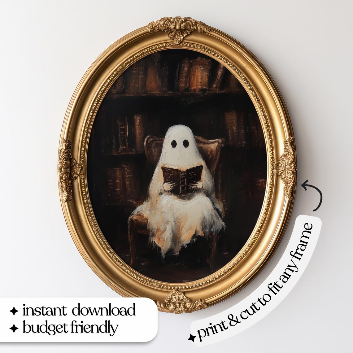 Ghost Reading in Dark Library Vintage Halloween Book Lover Poster - Image 5