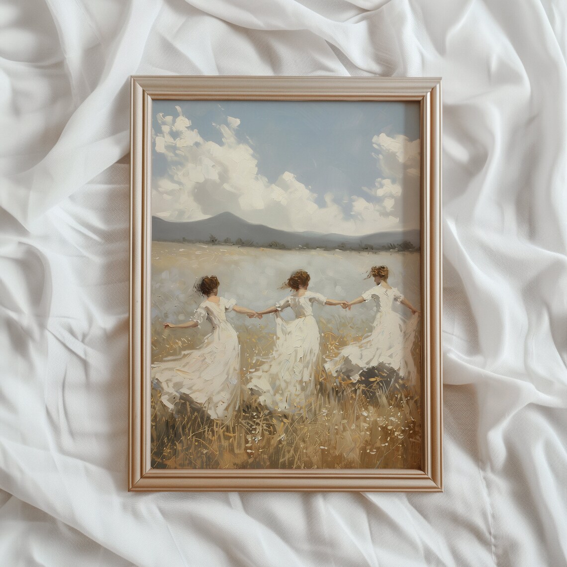 Vintage Meadow Landscape Art Print, Victorian Girls
