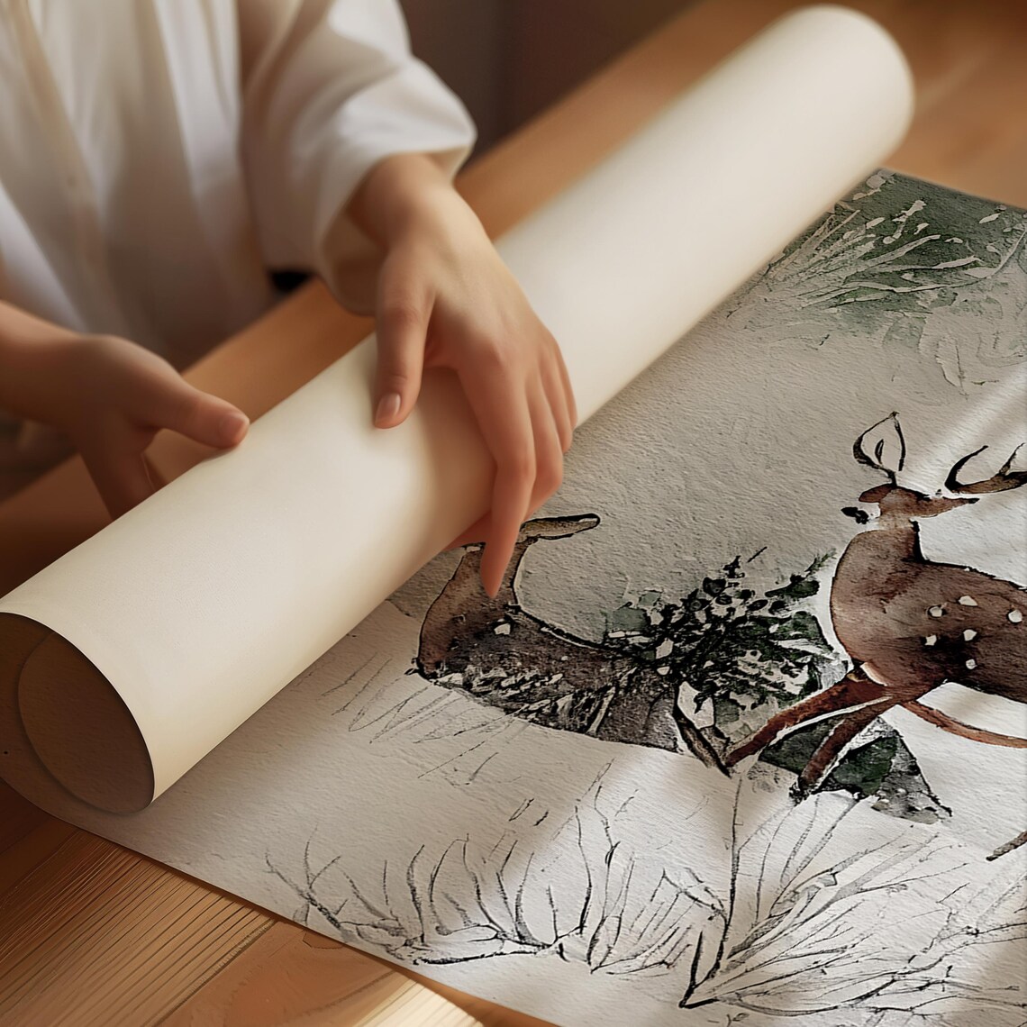 Watercolor Christmas Deer In Forest Art Print - Image 2