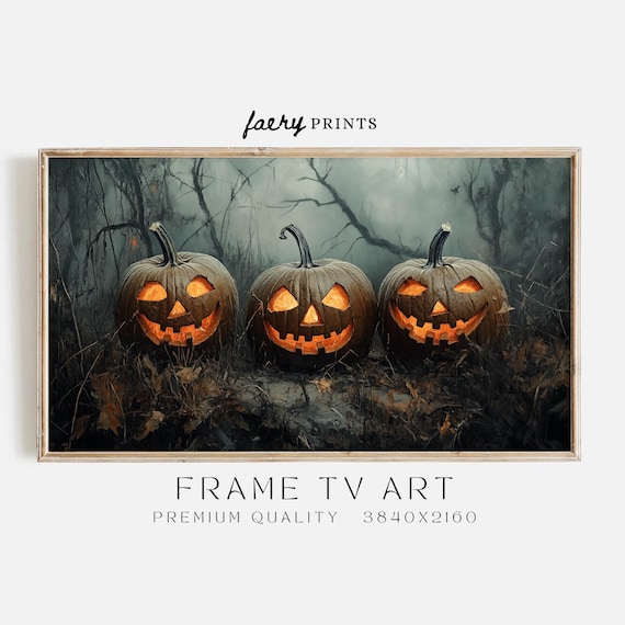 Three Glowing Jack O Lanterns in Misty Dark Forest Halloween Poster