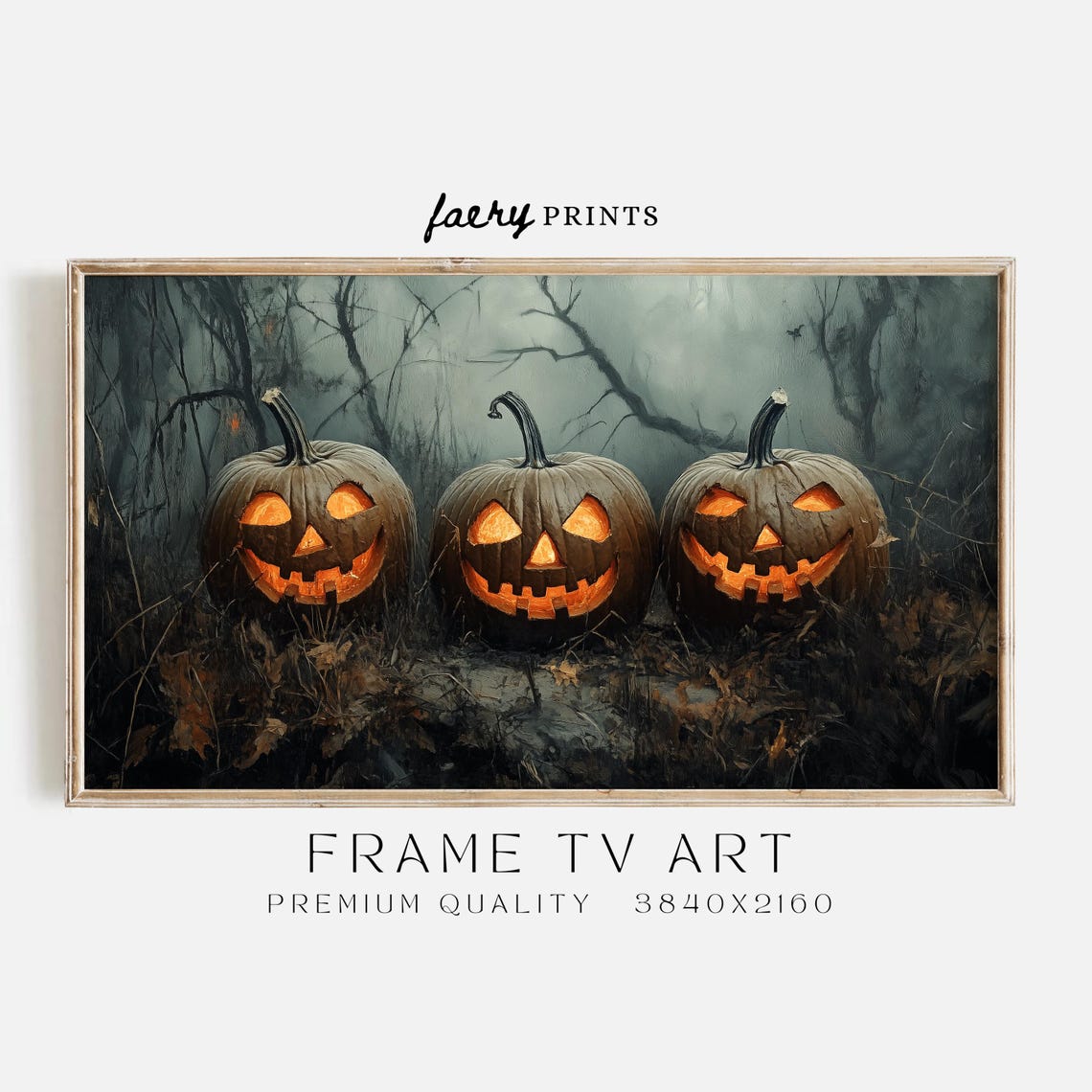 Three Glowing Jack O Lanterns in Misty Dark Forest Halloween Poster