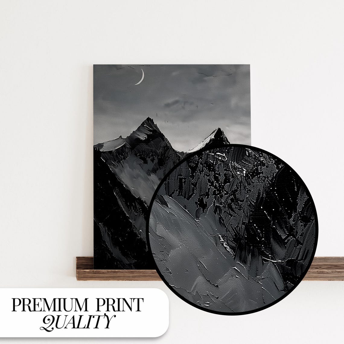 Black and White Mountain Peaks Under Crescent Moon Night Art Poster - Image 3