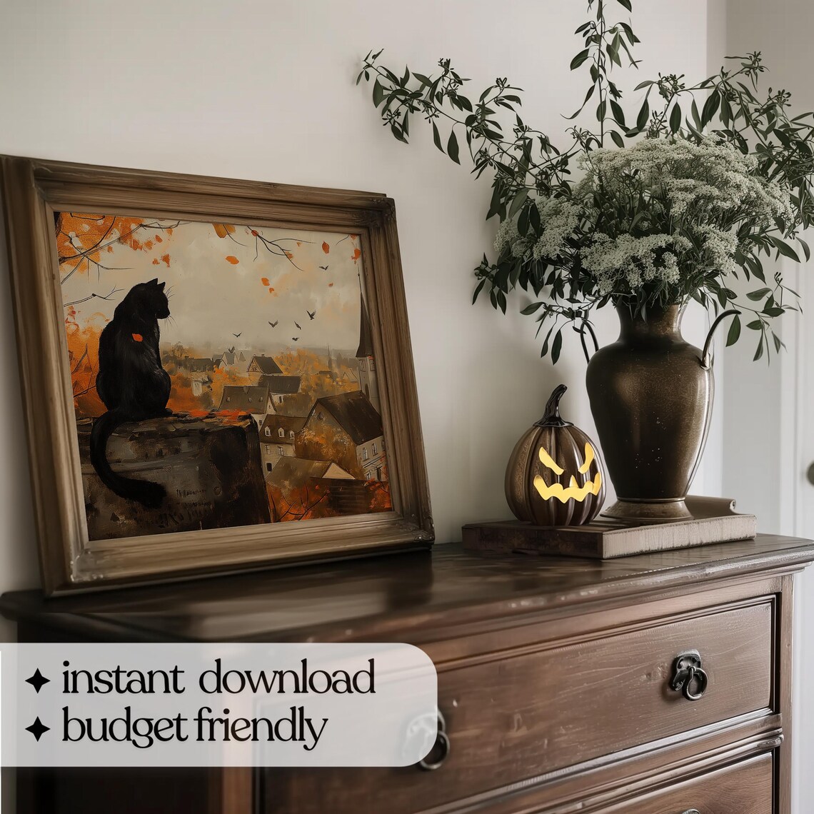 Black Cat Over Autumn Town, Cute Spooky Halloween Art Print - Image 5