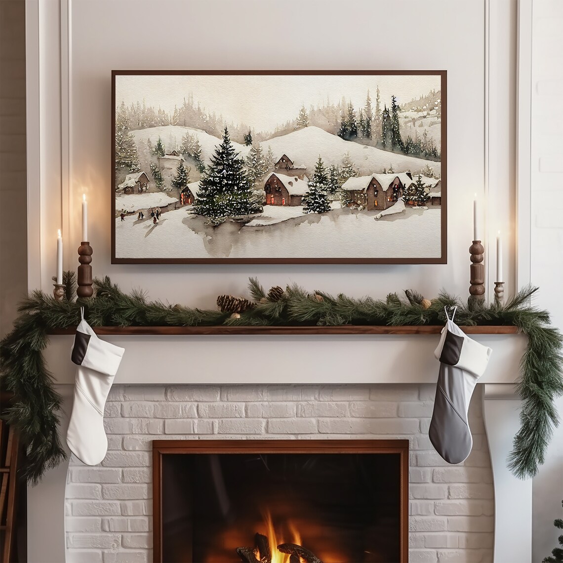 Winter Village Watercolor Holiday Art Print