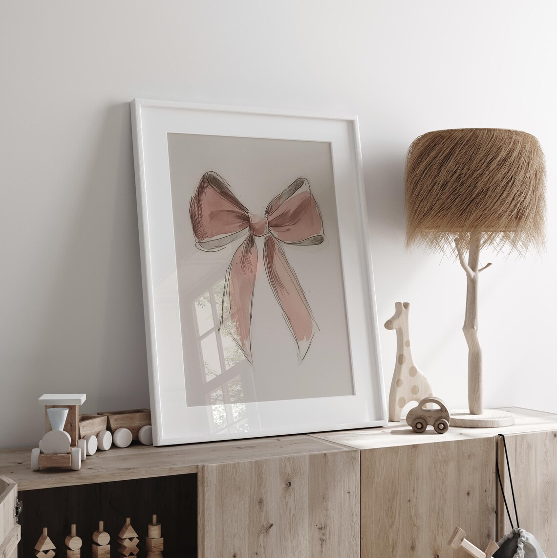 Blush Pink Watercolor Bow Feminine Nursery Girls Room Art Poster